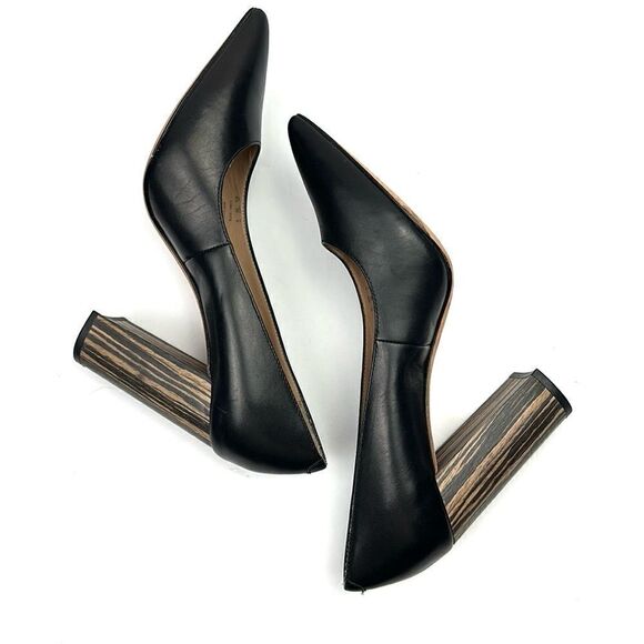 Pour La Victoire Black Leather Pointy Toe Pumps High Striped Block Heels sz 8,5 - Picture 11 of 14